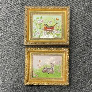 Vintage Lorraine Trester Enamel-on-Copper Baby Dear Bird Sweet Floral Artwork